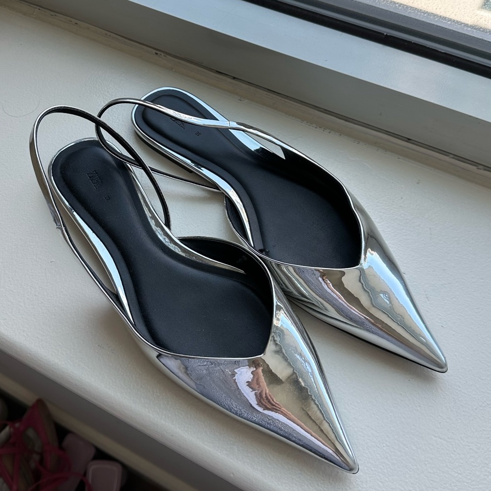 Zara metallic silver sling back flats